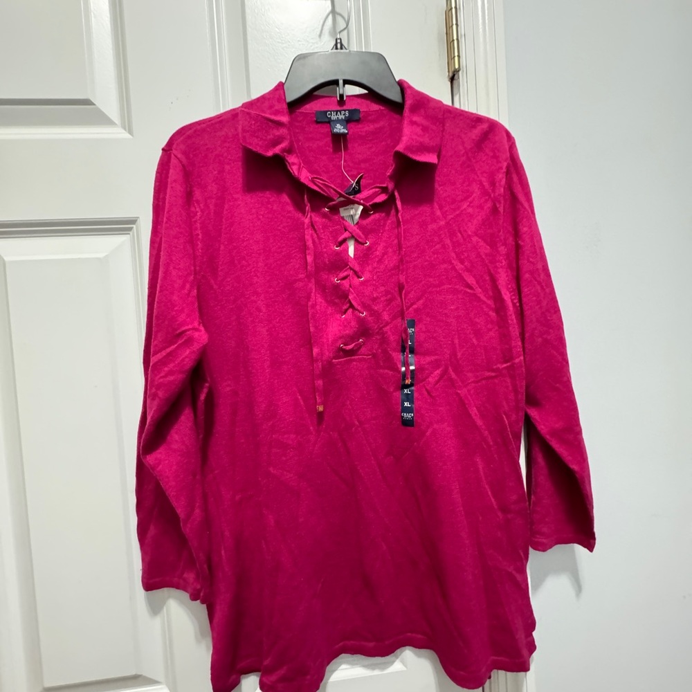 Chaps xl nwt desert pink lace front collared sweater